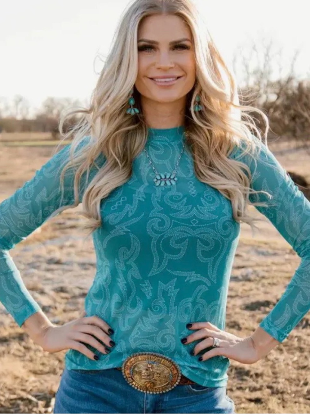 Women's Teal boot stitch- Print Long Sleeve Mesh Tee